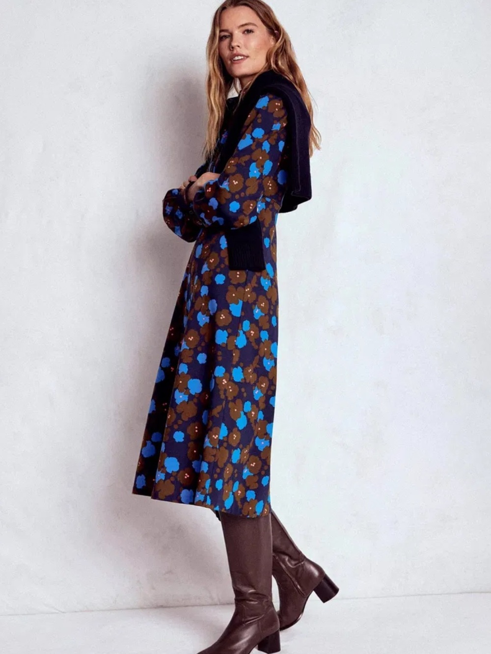 EUC Boden Pip Zip-Up Blue and Brown Floral-Print Ponte Midi Dress - Picture 4 of 11
